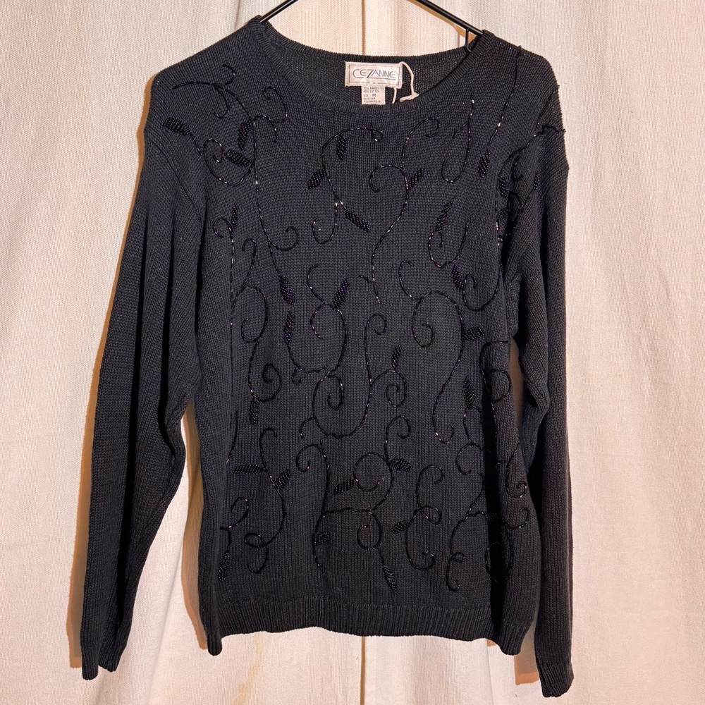 Cezanne // vintage black beaded floral design knit sweater size medium AP1